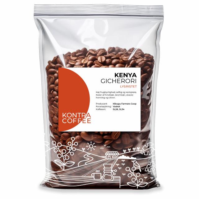 lysristet kaffe i gennemsigtig kaffepose med kenya-label