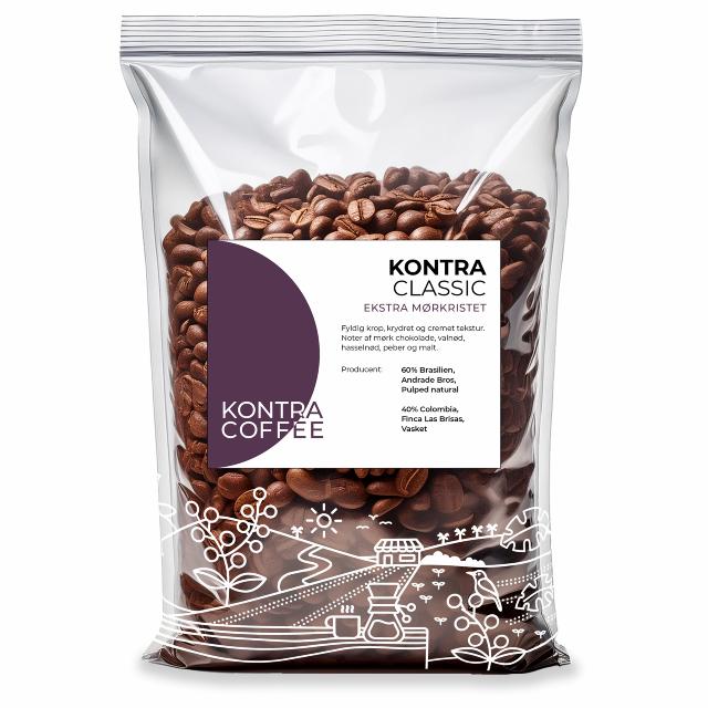 Gennemsigtig kaffepose med hele kaffeboenner og Kontra Coffee paa forsiden